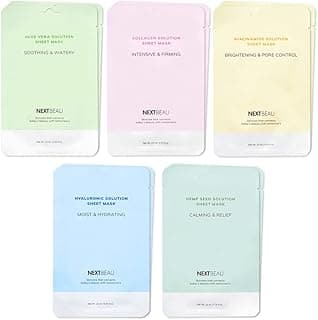 NEXTBEAU Solution Sheet Mask Variety Pack, 10 Count (5 Types x 2 Sheets), 0.74 fl oz Each, Korean Facial Sheet Masks for Daily Skincare