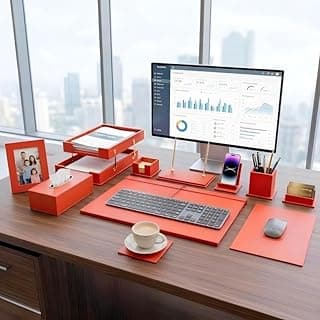 Luxury Executive Leather Desk Organizer Set –15-Piece Office Desk Accessories with Desk Pad, Letter Tray, Phone Stand, Pen Holder & Coasters – Professional Office Desk Decor & Gift (Orange)