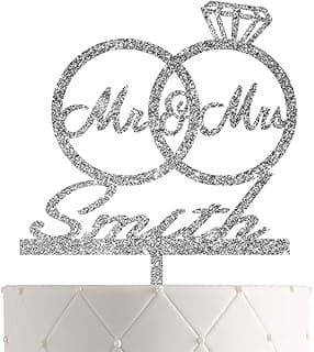 Personalized Bride and Groom Wedding Cake Topper With Customized Last Name for Mr Mrs (Silver Glitter)