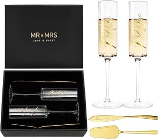 AW BRIDAL Engagement Gifts for Couples Mr and Mrs Champagne Flutes, Bride and Groom Champagne Glasses with Gold Wedding Cake Knife for Bridal Shower, Mr and Mrs Gifts for Couple Anniversary Wedding