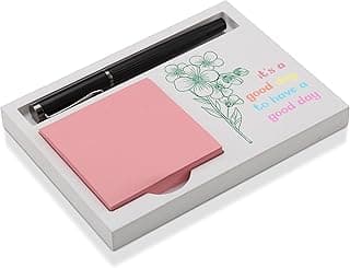 Inspirational Sticky Note Holder for Desk, White Wood Organizer for Pen and Memo Pads, Floral Desk Decor Gift for Women Men, Office Teacher Birthday Appreciation, NPB607