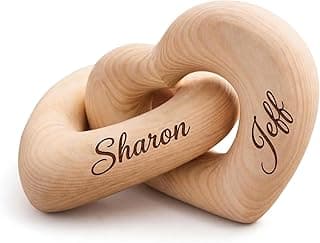 Personalized Wooden Hearts with Names - Custom Engraved Interlocking Heart Sculpture for Couples - 5th Wood Anniversary Valentine's Day Gift Idea, Romantic Home Decor (1-Pack)