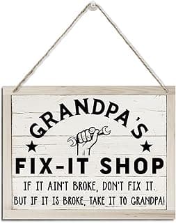 XQLSR Grandpa Gifts, Grandpa Wooden Sign for Father's Day, Rustic Hanging Wood Plaque Sign, Tool Room Decor, Funny Decor for Grandpa Workshop, Home Garage Decor, Grandpa's Fix-It Shop Hanging Sign