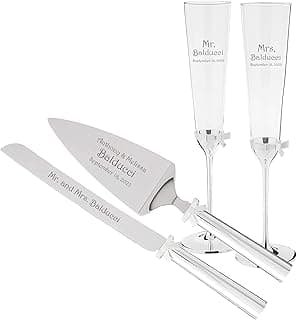 Kate Spade Bridal Personalized Grace Ave Wedding Bundle, Includes Custom Engraved Wedding Cake Knife and Server Set and Pair of Champagne Flutes