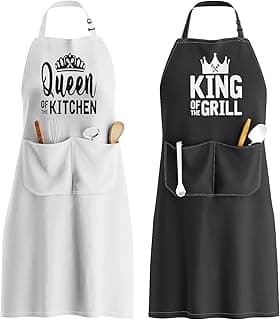 King & Queen Apron Set - Matching Couples Kitchen Aprons with Deep Pockets & Reinforced Stitching - Waterproof Professional Cooking Gear for Wedding, Engagement, Bridal Shower, Valentines, Christmas
