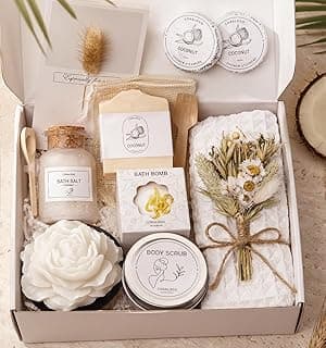 Coconut Spa Gifts for Women - 12pc Self-care Spa Gift Basket with Bath Salt, Greeting Card - Thinking of You Basket for Her Birthday, Christmas, Mother's Day, Valentine's Day