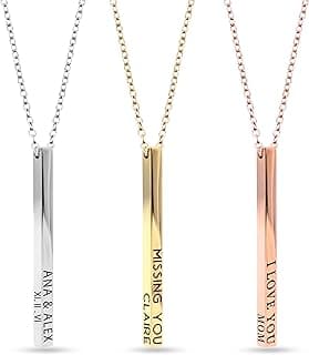 MignonandMignon 4 Sided Engraved Bar Necklace Personalized | Coordinates Name Necklace for Women Gold Silver | Custom Engraved Pendant Mom Gift Mothers Day Birthday