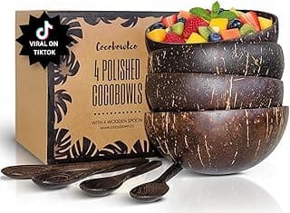 Coconut Bowl Set with Wooden Spoons – Handcrafted Eco-Friendly Acai Bowls, Yogurt Bowls & Smoothie Bowls – Ideal for Ninja Creami, Cereal & Snacks (4, Polished)