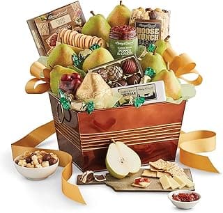 Harry & David Favorites Deluxe Food Gift Basket, Fruit And Cheese Gift Basket With Pears, Moose Munch Popcorn, Galettes, Cheese, Relish, Crackers, Milk Chocolate Covered Cherries, Truffles, Mints