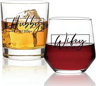 DeeCoo His & Hers Wine and Whiskey Glass Set: Unique Wedding Gift for Couples, Mr & Mrs, Bride & Groom Hubby & Wifey (2026 Newlywed & Bridal Shower Gift, Crystal Glass)