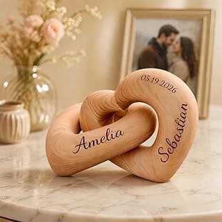 Personalized Interlocking Wooden Hearts with Names, Custom Engraved Couple Gift, 5th Wood Anniversary for Him Her, Romantic Wedding Valentine’s Day Gift- Handcrafted Home Decor (Style 1)