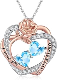 Rose Heart Necklaces for Women, 14K Rose Gold/White Gold Filled Overlapping Double Hearts Birthstone Pendant, Mother's Day Valentine's Day Anniversary Birthday Christmas Jewelry Gifts for Wife Mom Daughter Her