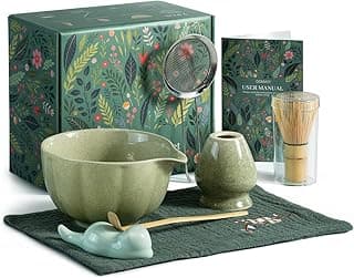 Matcha Whisk Set, 7 Pcs Japanese Matcha Kit Includes Matcha Bowl with Spout, Bamboo Whisk, Chasen Holder, Stainless Sifter, Scoop and Rest, Tea Towel, Matcha Tea Set Gift for Family/Friend
