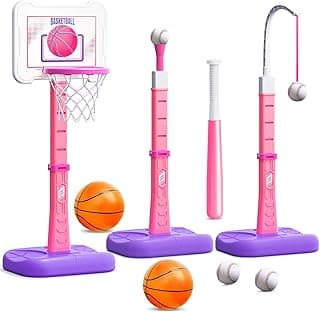 3 in 1 Kids Basketball Hoop and T Ball Set, Adjustable Height Toddler Basketball Hoop, Hanging Tee Baseball, Indoor Outdoor Sports Toys Gifts for Toddlers Boys Girls Ages 3 4 5 Year（Blue