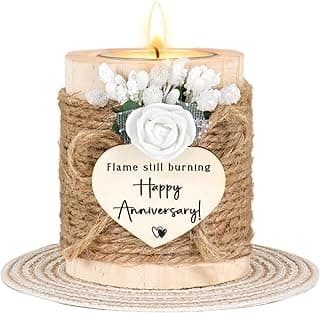 Anniversary Candle Holder Gift Set - Romantic Wooden Tealight Holder with 4 Tealight Candles & Coaster, Rustic Home Decor for Couples, Thoughtful Gift for Wedding, Valentines Day, Anniversary