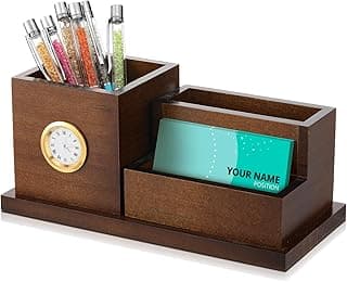 Watersay Wood Business Card Holders with Clock Pen Holder Lawyers Gifts for Men and Women Desk Organizer for Attorney Lawyers Professionals Boss Birthday Ideal Gift