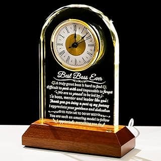 Glass Clock Best Boss Ever Gifts for Women with Wooden LED Light Base, Personalized Appreciation Gift for Men, Retirement Clock for Lady Boss Going Away, Boss's Day Gift Idea for Office Desk Clock