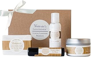 Victoria's Lavender Natural Body Products Gift Set - Handmade Soap, Lotion, Lip Balm, Body Candle Skin Care Sets & Kits, Made in the USA Lavender Bath Products for Women, Vanilla Lavender