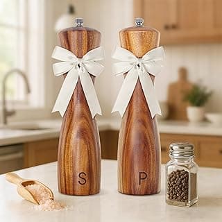 Wedding Gifts for Couples 2026: Acacia Wood Salt and Pepper Grinder Set with Bow Design - Kitchen Counter Decor
