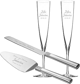 Waterford Personalized Wedding Bundle, Includes Custom Engraved Lismore Diamond Wedding Cake Cutting Set with Elegance Trumpet Champagne Flutes