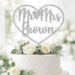 Personalized Bride and Groom Wedding Cake Topper With Customized Last Name for Mr Mrs (Silver Glitter)