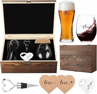 Remerry 7 Pcs Wedding Gifts for Couples 2026 Mr and Mrs Wine Glasses Set with Wooden Keepsake Box Heart Wine Stopper Opener Coasters for Wedding Bridal Shower Engagement Anniversary Bachelorette