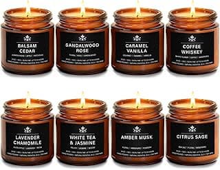 8 Pack Soy Wax Scented Candles Gift Set, Aromatherapy Candles with Lavender Chamomile, Citrus Sage, Caramel Vanilla, Coffee Whiskey, Long Lasting Stress Relief Candle, Unisex Home & Gift Set