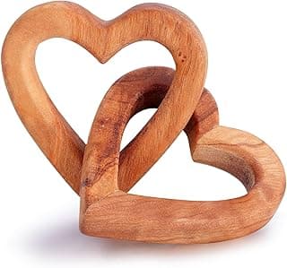 MIXJOY Olive Wooden Interlocking Hearts Decor - Romantic Natural Solid Wood Heart Sculpture Gift for Couples Newlyweds Anniversary Valentine's Day, Connected Heart Love Gift for Home Office Decor