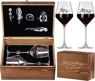 Wedding/Anniversary/Engagement/Bridal Shower and Bachelorette Gifts for Couples,Bride & Newlywed, Engraved Mr and Mrs Wine Glasses with 5-Piece Wine Accessory Kit