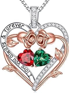 Iefil Mothers Day Gifts for Wife - Rose Heart Double Birthstone Necklace Gifts for Wife Girlfriend Her Women, Birthstone Jewelry Gemstone Birthday Gift for Mom Grandma Her Women
