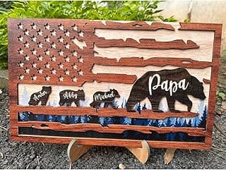 Personalized American Flag Wood Sign With Kids Name; Custom Grandpa Wood Signs; Custom Fathers Gifts For Papa From Kids