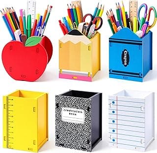 Crtiin 6 Pack Teacher Appreciation Gifts Wooden Pencil Holders Crayon Ruler Apple Composition Notebook Shape Pencil Dispenser Stationery Storage Container for Classroom Office Desktop Decorations