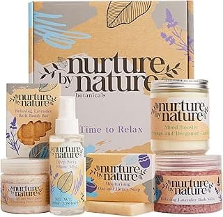 Nurture by Nature Spa Gifts for Women - Mothers Day Gifts for Mom, Self Care Gift Set & Spa Gift Basket for Women, 6 Piece Bath Set with Candle, Bath Bomb, Salts & Pillow Spray - Relaxation Gifts