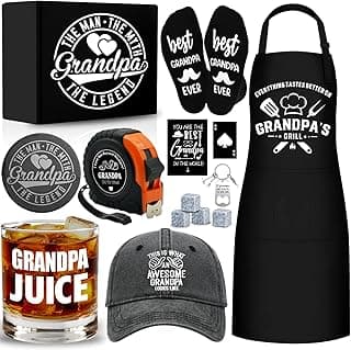 14 Pcs Grandpa Gifts, Best Granddad Ever Gift with 11 Oz Grandpa Juice Whiskey Glass 4 Whiskey Stones Coaster Apron Hat Sock Tape Measure Keychain, Birthday Father's Day Christmas Gift for Grandfather