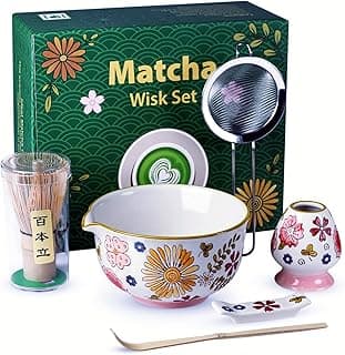 Gifts for Mom, Hand-Painted Floral Matcha Ceremony Set, 6-Piece Japanese Tea Ritual Kit with Ceramic Bowl & Bamboo Whisk – Mindful Matcha Gift Set