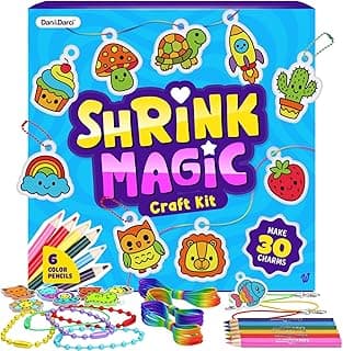 Dan&Darci Shrink Art Craft Kit for Girls and Boys Ages 6-12 - Shrink Magic Charm Making Kit with 30 Pre-Cut Shrink Plastic Templates - Kids Craft Birthday Gift for 7 8 9 10 Year Olds