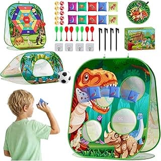 4-in-1 Dinosaur Bean Bag Toss Game for Kids, Cornhole Board Set with Dart Board for Toddler Outdoor Toys, Family Party Game Backyard Beach Lawn Activities Gift for Boys & Girls Ages 3 4 5 6 7 8