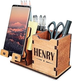 Personalized Wooden Pen Holder for Desk with Cell Phone Holder Wood Desk Organizer Pencil Holder Coworker Gifts Boss Leader Colleague Friends Office Organization Employee Appreciation Gifts