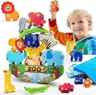 IPOURUP Wooden Animal Blocks Stacking Toy Kids Christmas Birthday Gifts for Boy Girl Age 3-7 Animals Montessori Toddler Toys 3 4 5 6 7 8 Year Old Boys Girls Educational Toys Fine Motor Balance Game