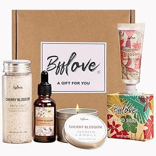 BFFLOVE Gift Set for Women - 5pcs Cherry Blossom Spa Gifts for Women, Birthday, Anniversary, Mother's Day Gifts for Her with Massage Oil, Scented Candle, Bath Salts, Hand Cream