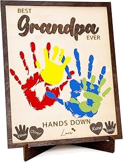 Best Grandpa Gifts 2026, Personalized Wooden Handprint Plaque Craft from Grandkids, DIY Keepsake Family Decor Sign, Meaningful Birthday Christmas Fathers Day Grandpa Gift from Kids Grandchildren