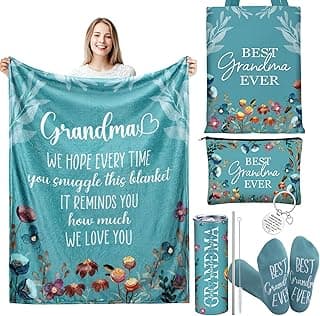 Geiserailie 6 Pcs Mothers Day Grandma Gift Set, Grandma Throw Blanket Tumbler Socks Canvas Tote Bag Birthday Gifts Basket for Nana from Grandkids Granddaughter Grandchildren