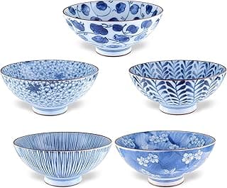 Japanese Handcrafted Rice Bowl, Authentic Mino Ware Pottery, Aie gawari Chawan, set of 5