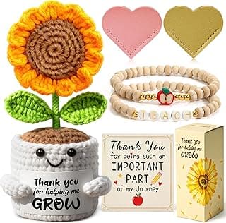 Teacher Appreciation Gifts for Women - Thank You Teacher Gifts Set with Handmade Crochet Sunflower, Bookmark & Bracelet for Teacher Appreciation Week, End of Year, Christmas, Valentine's Day