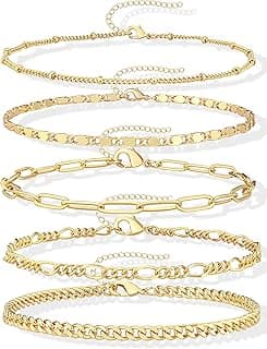 Gokeey Gold Bracelets Set for Women Non Tarnish Trendy,14K Gold Plated Dainty Stackable Paperclip Cuban Link Chain Bracelets, Simple Cute Cuff Bracelets Jewelry Set Adjustable 7"+2"