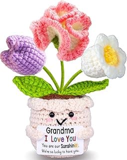 Mothers Day Birthday Gifts for Grandma, Grandma Gifts from Grandkids, Mother's Day Birthday Gift for Nana Grandmother GaGa, Cute Handmade Crochet Tulip 3 Flowers Pot Doll I Love You Present for Gigi