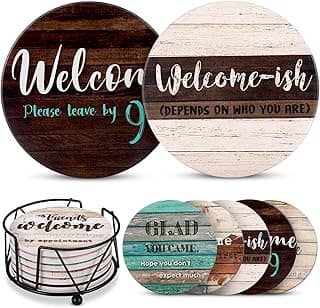 Funny Coasters - House Warming Gifts New Home - Housewarming Gifts for Women, Men, Couple, New Homeowner - Farmhouse Bar Coasters for Drinks with Holder - First Apartment Essentials