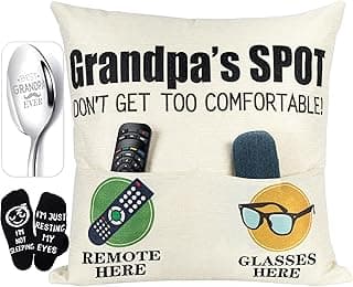 Geefuun Grandpa Fathens Day Gifts:18"x 18" 2-Pocket Grandpa's Pillow Covers & Best Granpa Ever Engraved Spoon & Socks, Father's Birthday Gift for Grandfather Papa (No Fillers)