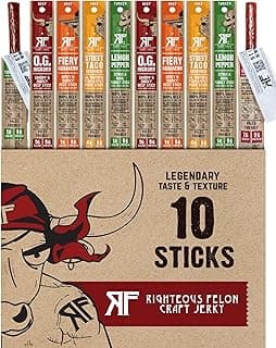 Righteous Felon Variety Meat Sticks | 100% Grass Fed Beef, Turkey & Pork | 88g Total Protein | Gluten-Free, Low Sugar, High Protein Snack Sticks | Individually Wrapped | Jerky Variety Pack, 10 Count