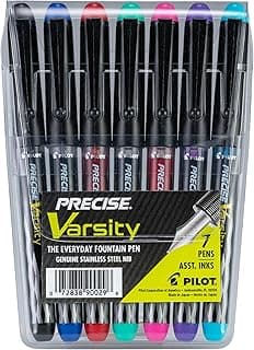 Pilot Precise Varsity Pre-Filled Fountain Pens for Writing, Medium Point Stainless Steel Nib, Black/Blue/Red/Pink/Green/Purple/Turquoise Ink, 1.0mm, 7-Pack